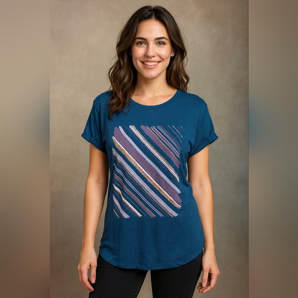 Apt.9 Teal Geometric Glitter Stripe Textured Short Sleeve Top Sz. M #1241